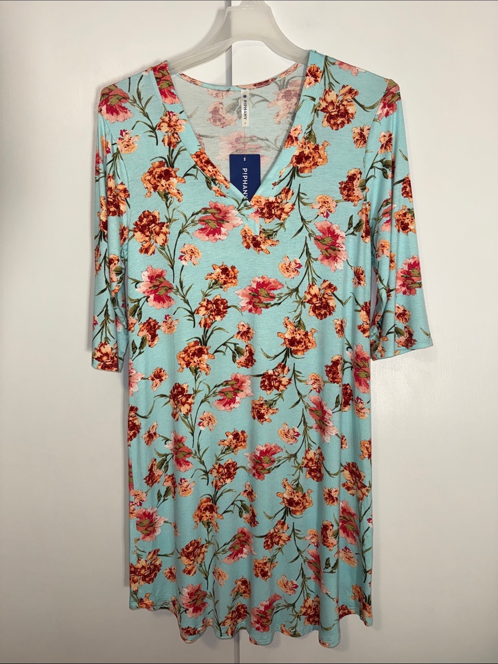 Piphany Marlot Tunic Dress w 3/4 Sleeves Blue Floral Women’s L Large